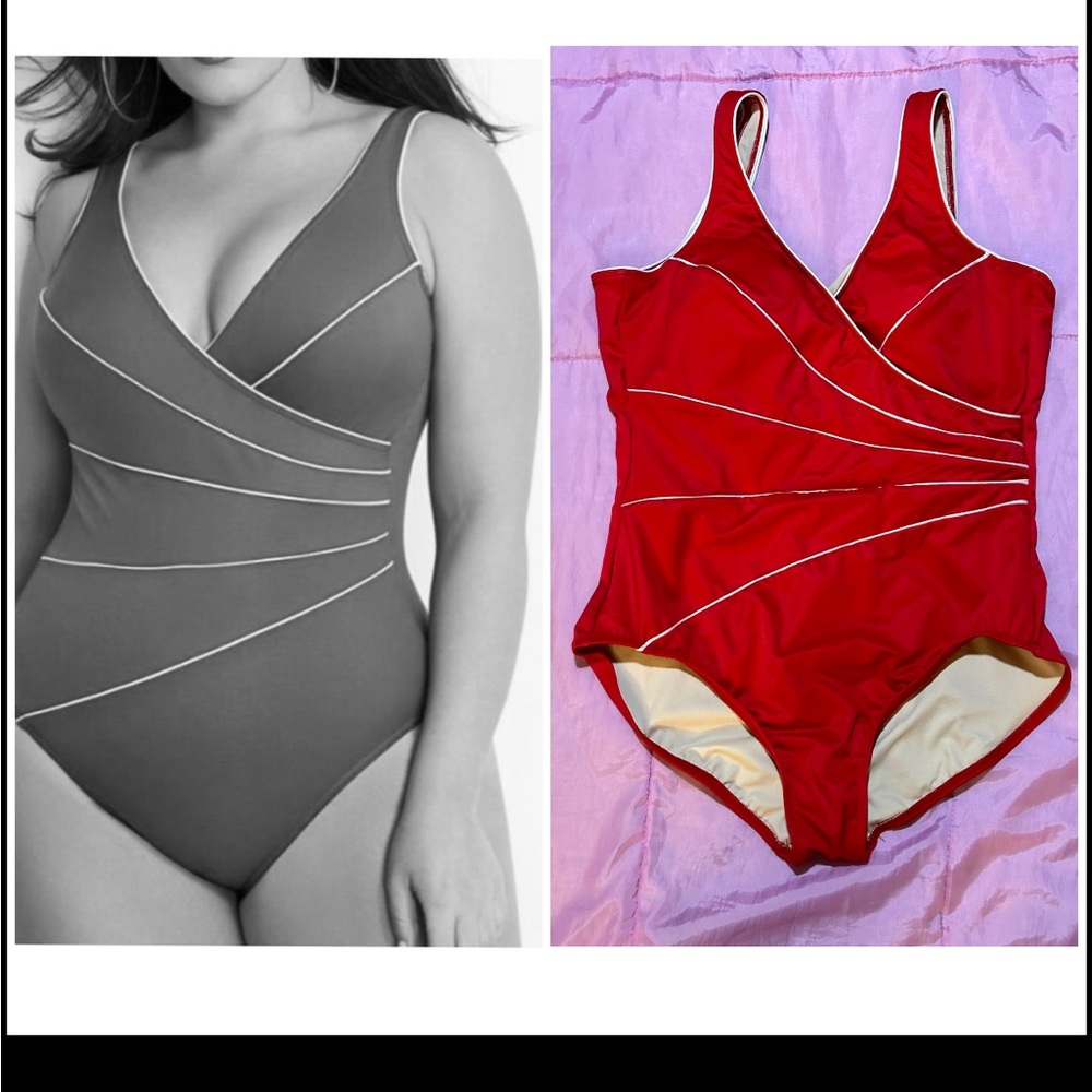 Miraclesuit swimsuit bathing suit plus size 18 XL Cherry Red white piping 1-pc